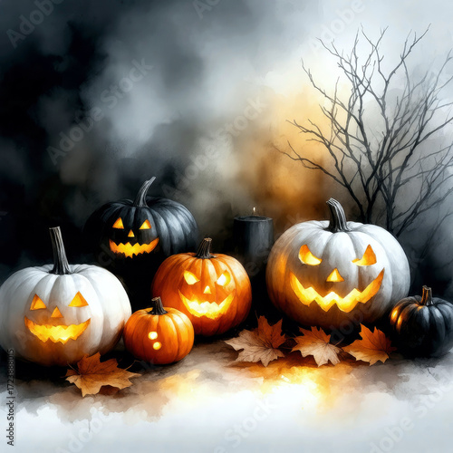 Spooky and cozy Halloween illustration with carved pumpkins, glowing candles, autumn leaves and seasonal decor. Perfect for posters, cards and festive design.