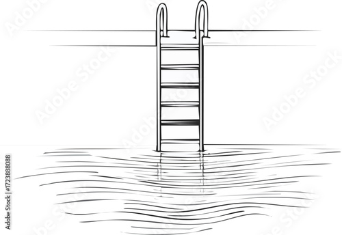 Simple ink drawing of a swimming pool entrance ladder with steps submerged in water, a minimalist monochrome illustration on a white background