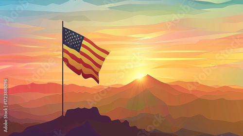 Scenic Illustration of the United States Flag Overlooking a Mountain Sunset Landscape