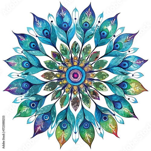 Intricate peacock feather mandala design with vibrant blue and green hues