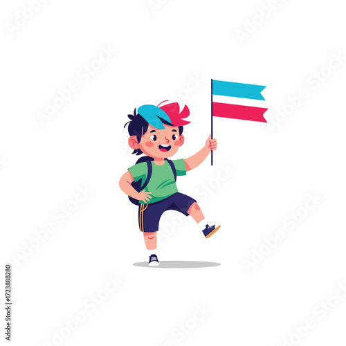 A cheerful young child with a backpack and a flag explores the world.