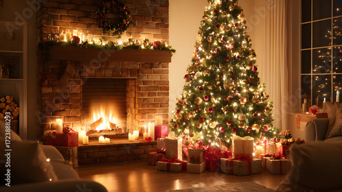 Cozy Christmas evening with a warmly lit tree and crackling fireplace