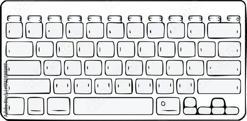 A minimalist black and white line art illustration of a blank computer keyboard, a clean vector outline of a digital input device