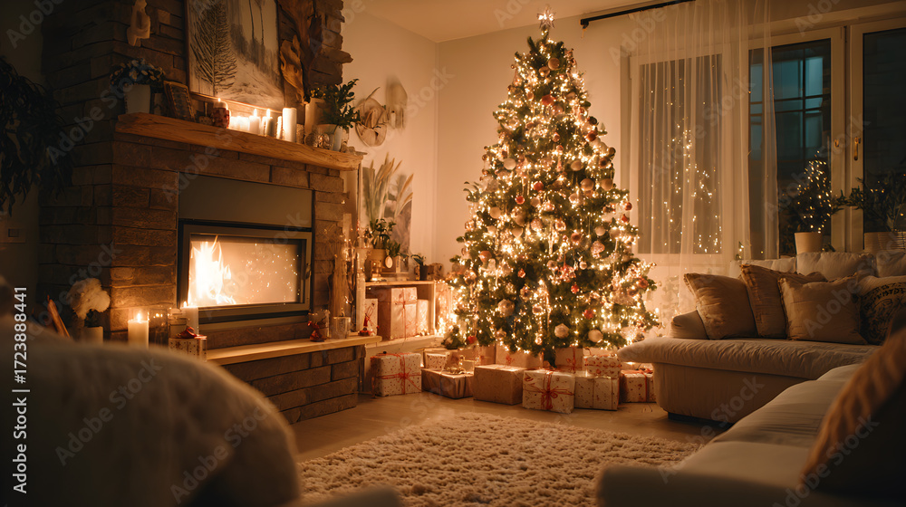 Fototapeta premium Warm and festive living room adorned with a lit Christmas tree and fireplace