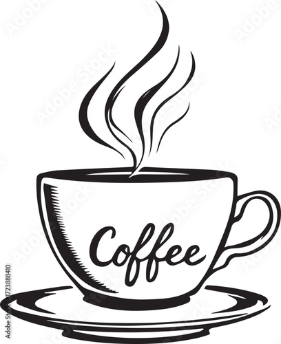 Black and white illustration of steaming coffee cup on saucer with “Coffee” in cursive, bold lines and classic design