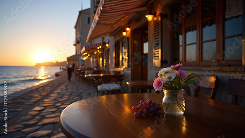 a cozy romantic street cafe next to a park or on the seashore. the beginning of the sunset, tables with vases and candles