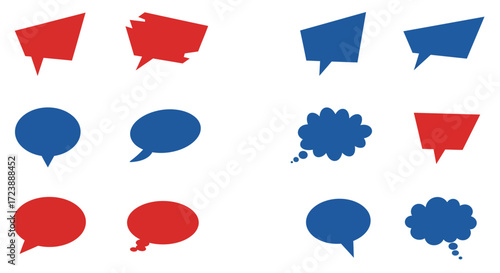 Collection of Red and Blue Speech Bubbles on White Background.