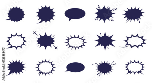 Collection of Dark Blue Comic Speech Bubbles and Burst Shapes.