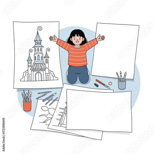 A creative child happily draws and colors pictures of castles and other designs.