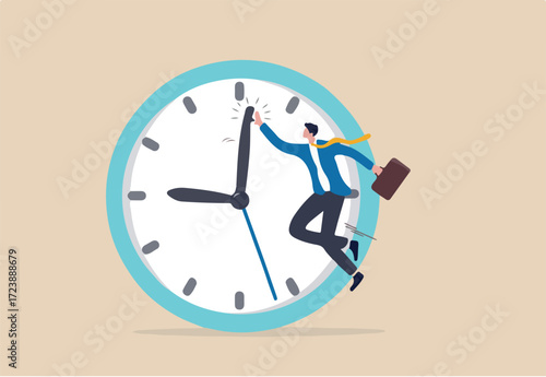 Success time management, finish work and appointment in time or work efficiently with high productivity concept, smart businessman celebrate his work by hi five with minute hand on the timer clock.