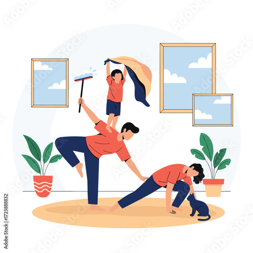 Family cleaning house together having fun and exercising their bodies.