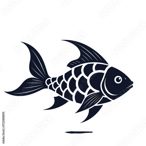 A stylized navy blue fish silhouette floats on a white background.