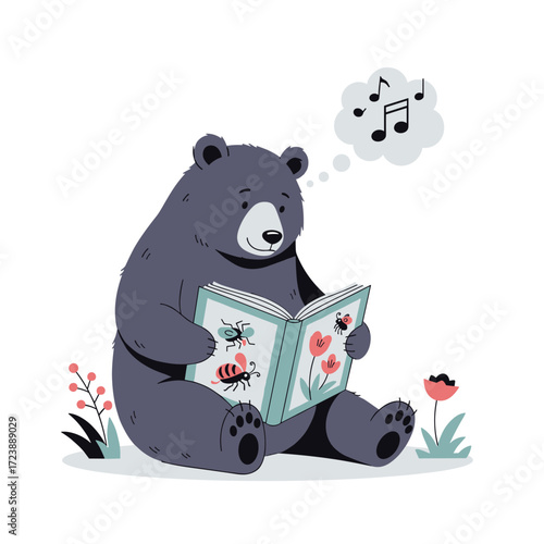 A bear reads a book filled with flowers and insects and imagines music.
