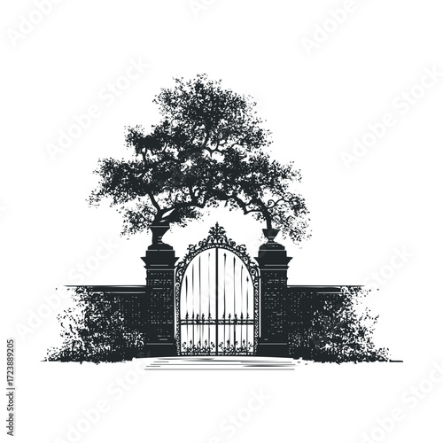 Spooky ornate wrought iron gate and wall
