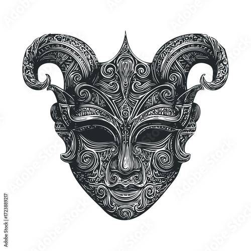 Highly ornate horned metallic tribal mask