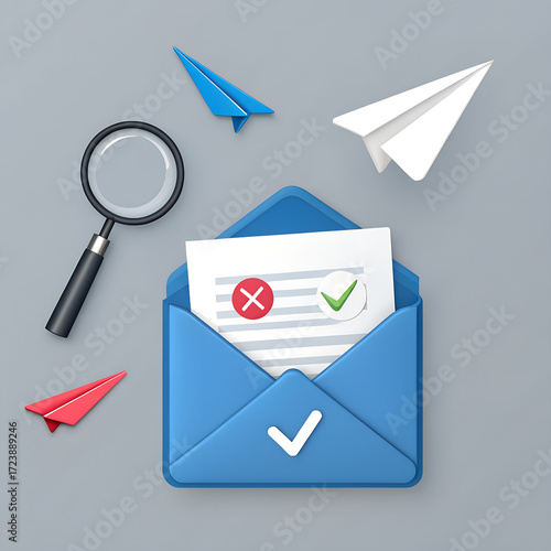 Illustration of a blue envelope, checklist, magnifying glass, and paper planes on a gray background