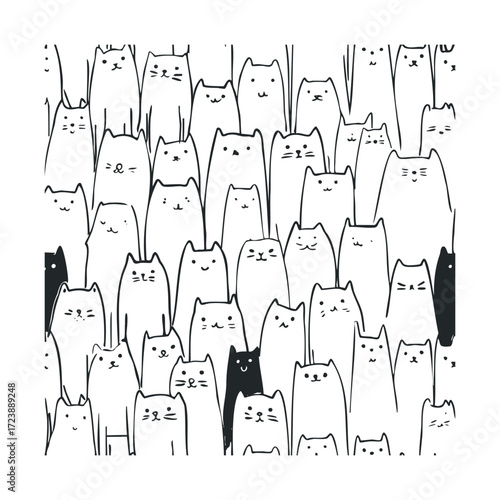 Crowd of simple hand-drawn white cats