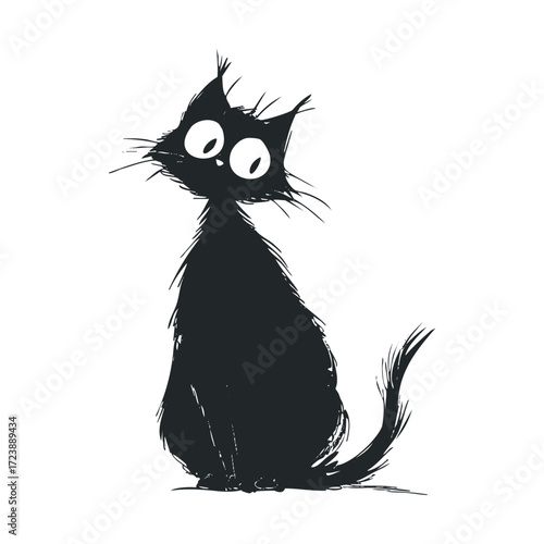 Sketch of a shaggy, wide-eyed black cat.