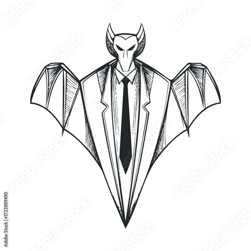 Sketch of a stylized vampire bat creature in a suit and tie.