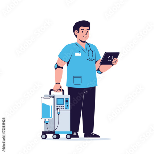 A medical professional stands holding a tablet computer with a ventilator beside him.