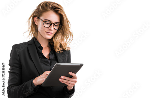 a businesswoman holding an ipad, wearing glasses and a black suit, on a transparent background png file