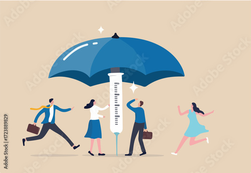 Vaccination campaign help build herd immunity to protect from Coronavirus infection, vaccinated people running to get covered sheltered under big strong umbrella built from vaccine syringe.