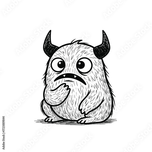 A cute hairy monster with horns looks worried and nervous.