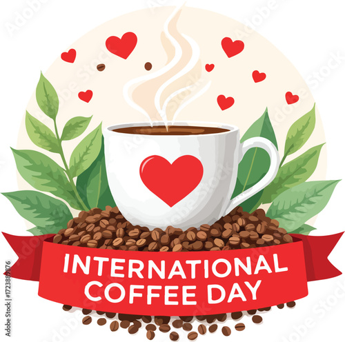 Festive coffee cup with red heart, beans, leaves, and “International Coffee Day” ribbon banner celebrating global coffee culture