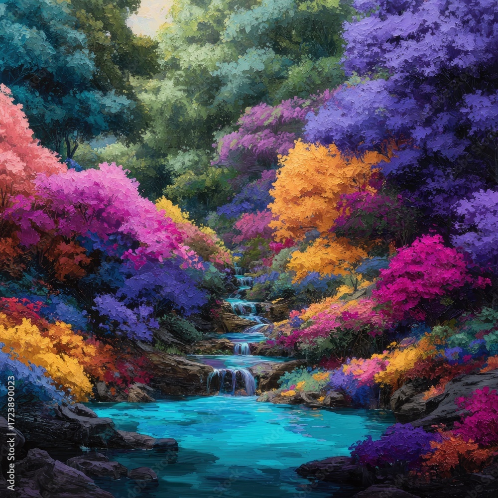 Obraz premium Vibrant, colorful forest stream with cascading waterfall