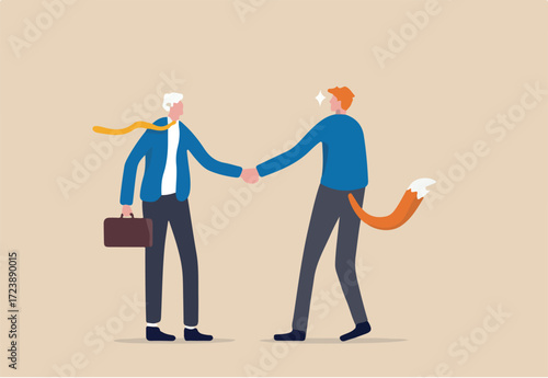 Dishonesty business deal, fraud or scam, liar to take advantage from partner, cheat or hunting for business victims concept, businessman handshaking with one as a sheep victim and one as hunter wolf