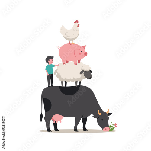 A boy stands on a cow with a sheep a pig and a chicken stacked on top.