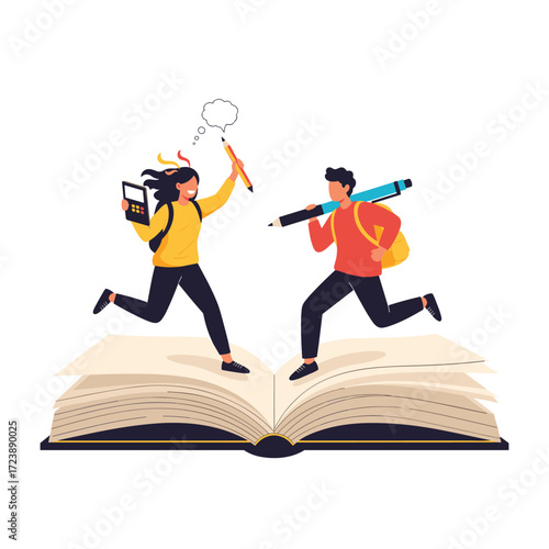 Students happily running across a large open book holding large pencils.