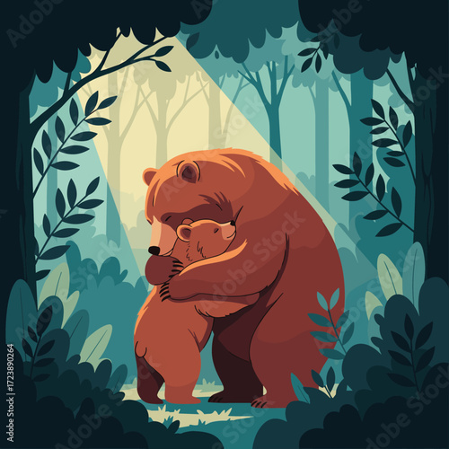A mother bear tenderly embraces her cub in a sunlit forest.
