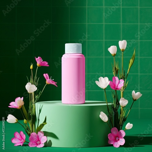 Wallpaper Mural Delicate pink bottle displayed on a green pedestal surrounded by vibrant spring flowers and greenery. Torontodigital.ca