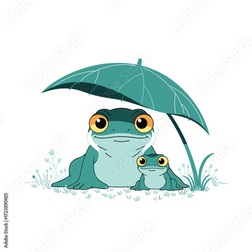 Two cute frogs sharing an umbrella in the rain under the grass.