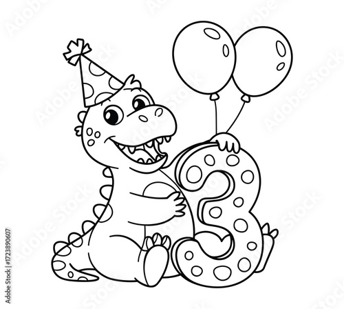 Adorable Dinosaur's 3rd Birthday Coloring Page