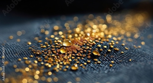 Wallpaper Mural Sparkling golden droplets and particles scattered on dark textured fabric, creating a mesmerizing abstract effect. Torontodigital.ca