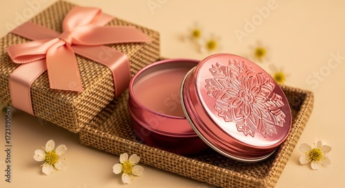 Wallpaper Mural Delicate pink lip balm in decorative tin with a beautifully wrapped gift box, surrounded by small white flowers. Torontodigital.ca