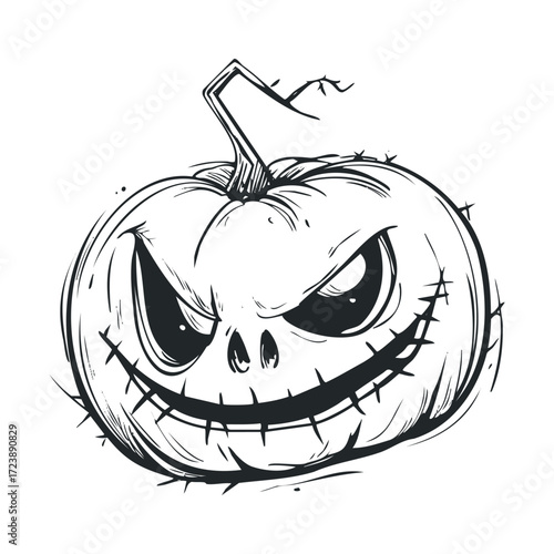 Sketch of a scary carved pumpkin face with a stitch mouth.