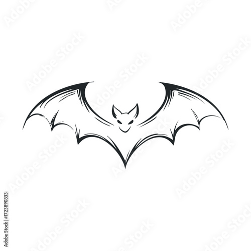 Stylized black and white drawing of a flying bat.