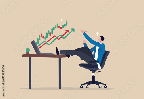 Success online trader, stock market and crypto currency internet trading, earn money from investment technical analysis concept, happy young adult man make money by trading online on laptop computer.