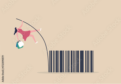 Consumer shopping habit, spending or consumerism, e-commerce or online purchase, marketing and promotion or retail concept, happy woman customer holding shopping bag pole vault jump over shop barcode