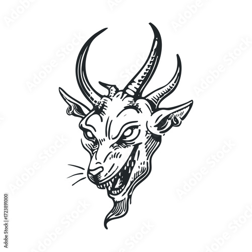 Hand-drawn head of a grinning horned devil or goat.