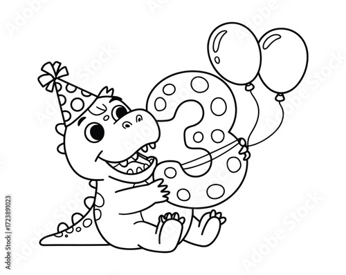 Black and White Illustration of a 3-Year-Old Dinosaur Celebrating with Balloons