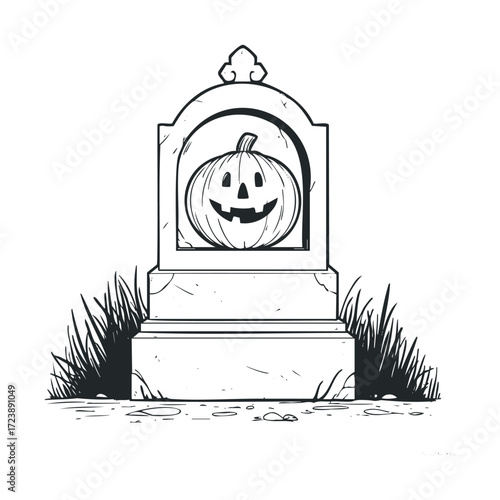 Headstone with a carved pumpkin sitting in the niche.