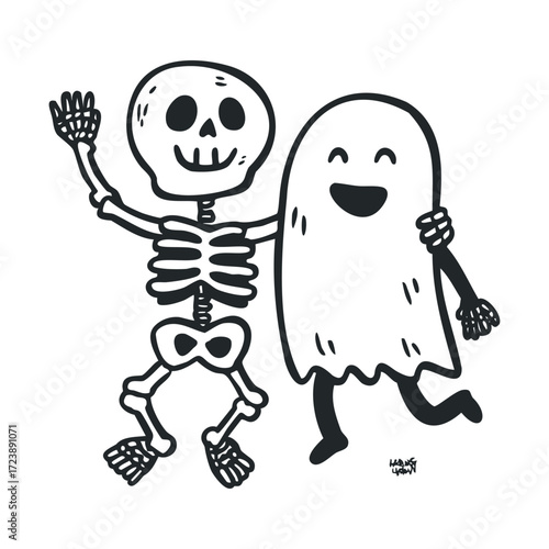 Happy skeleton and ghost friends waving and walking together.