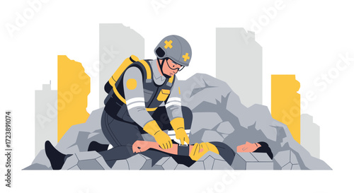 Rescuer providing first aid to injured person after earthquake or disaster situation