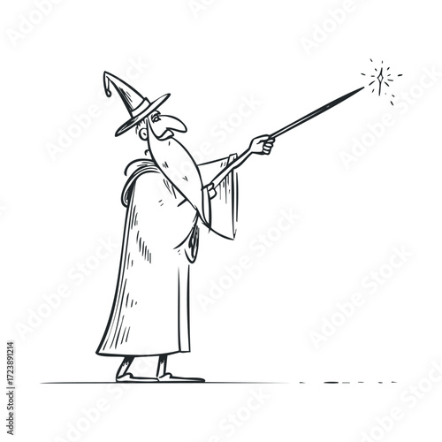 Cartoon sketch of a wizard casting a spell with a wand.
