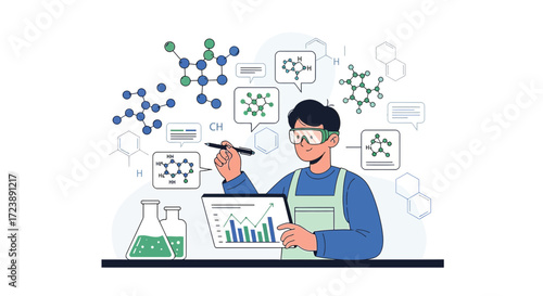 Scientist analyzing chemical structures and data for research innovation and scientific