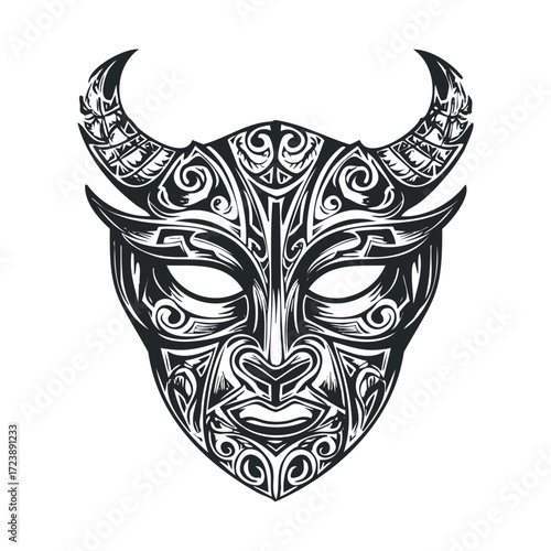 Intricate black and white tribal bull mask with horns.